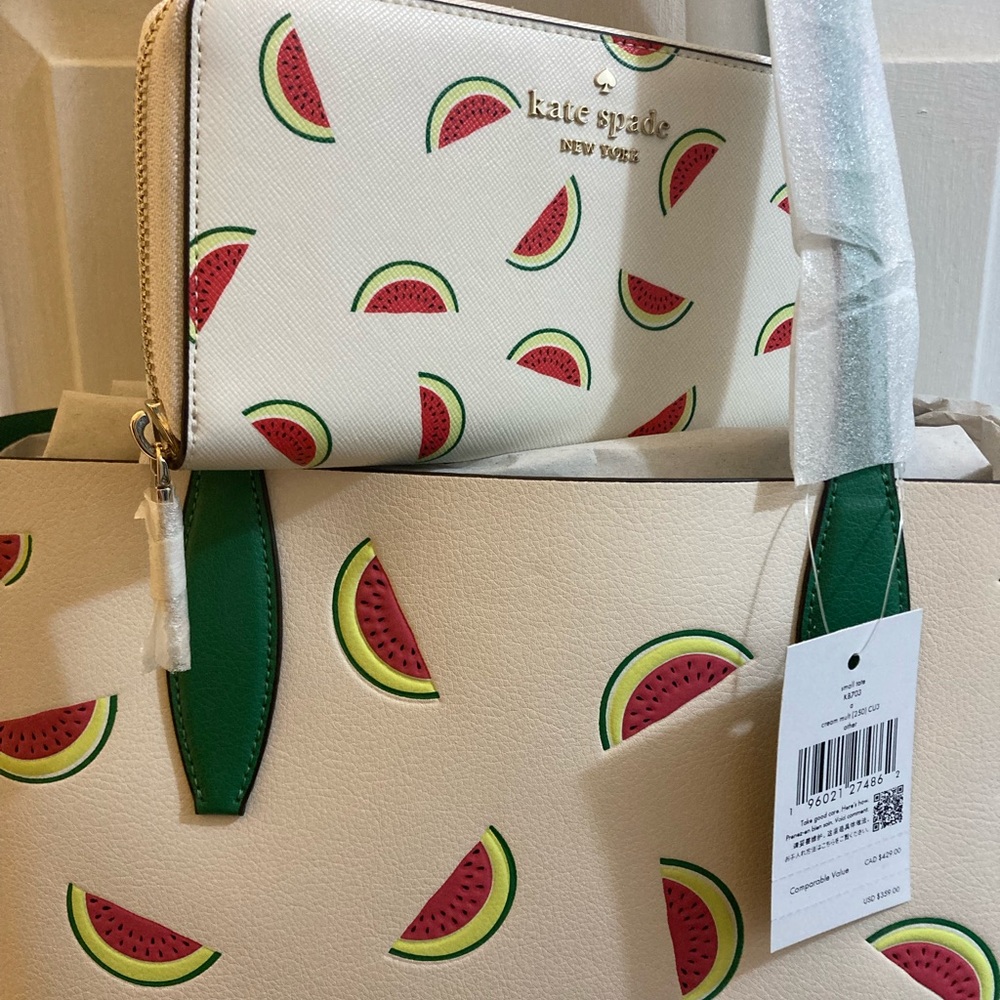 💕 NWT 3 Items Bundle Kate Spade ♠️ Watermelon Tote + 🍉 Wristlet + Wallet 🍀🍉 - Picture 3 of 13